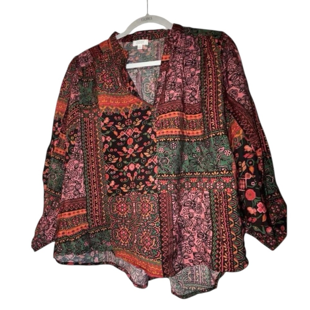 ODDY black red green orange pink Patchwork V-Neck Blouse, euc worn once. SMALL!